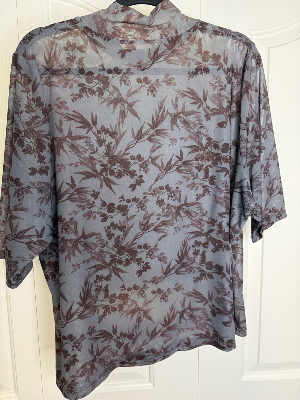 Anthropologie Sheer Floral Short-Sleeve Mock Neck Shirt - Brown on Gray - Picture 5 of 5